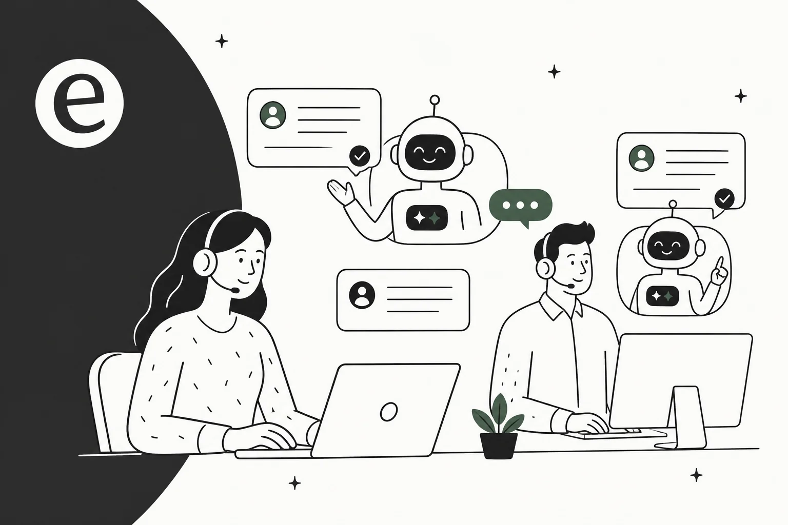 Illustration of support agents working alongside AI helpers handling tickets and chats