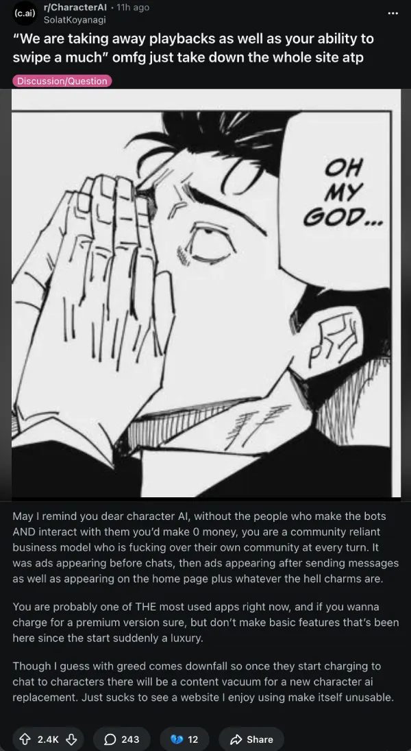 Reddit post with 2.4K upvotes reacting to playbacks being removed: "We are taking away playbacks as well as your ability to swipe as much - omfg just take down the whole site atp", as taken from r/CharacterAI