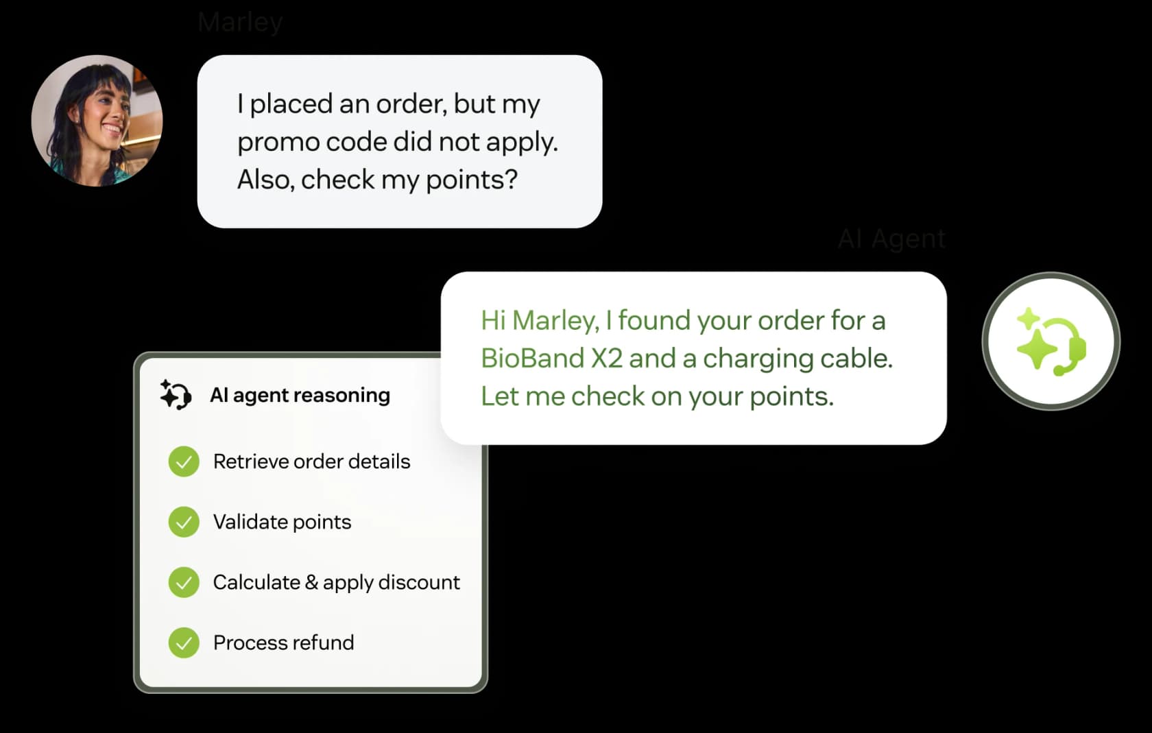 Real Zendesk AI Agent reply showing the AI's reasoning steps for an order lookup, points validation, and discount calculation, as taken from Zendesk