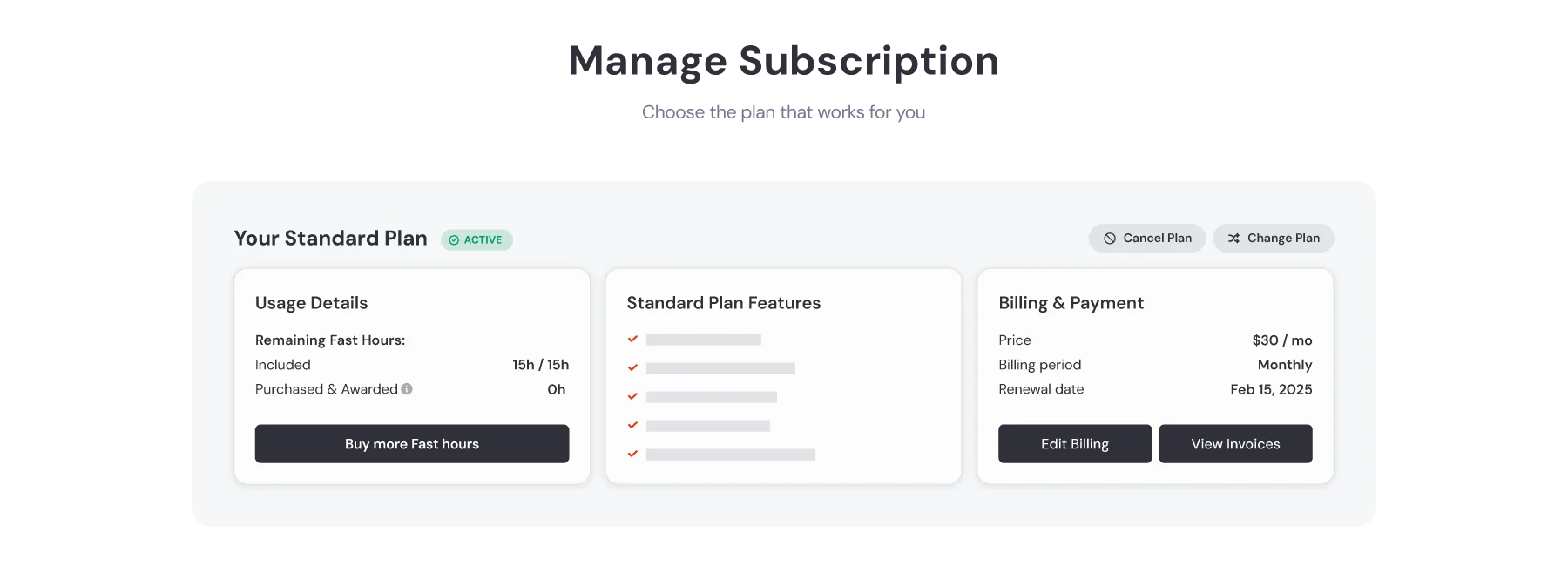Midjourney Manage Subscription page showing Standard Plan with 15h Fast GPU remaining, as taken from Midjourney
