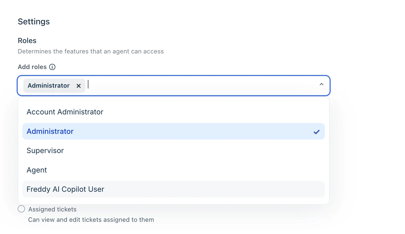 Adding the Freddy AI Copilot User role to an agent from the roles dropdown, as taken from the Freshdesk support docs
