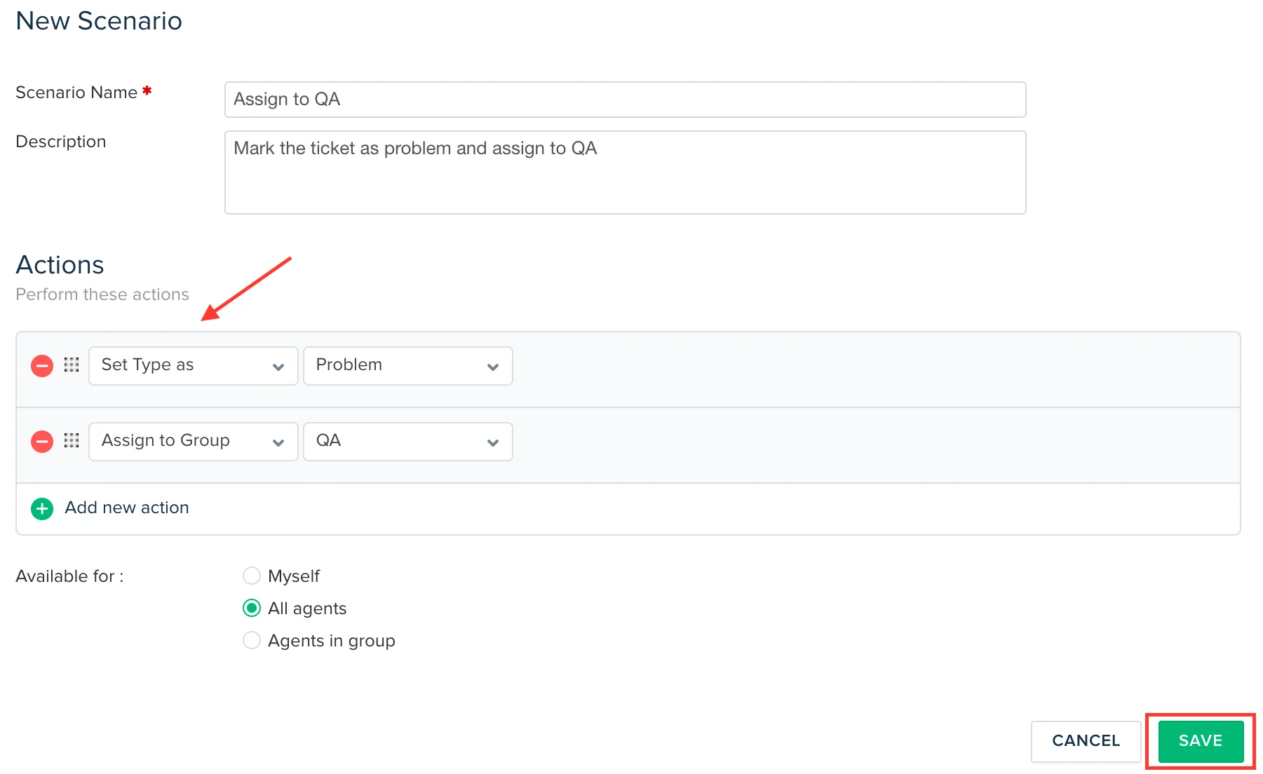 The list of actions available in a Freshdesk scenario automation, as taken from the Freshdesk support docs