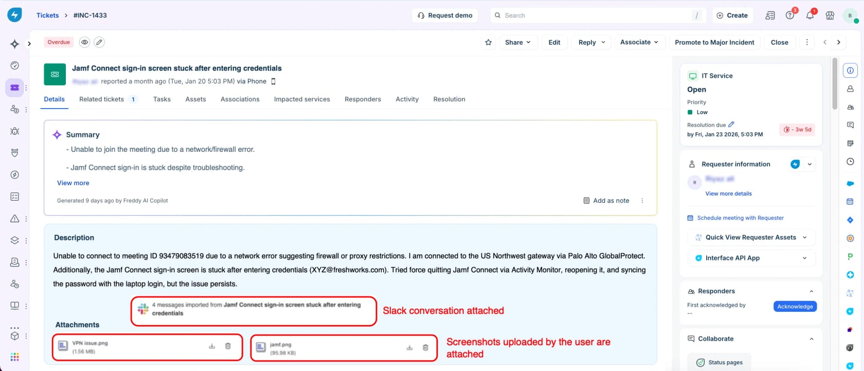 Freshservice ticket showing a Freddy AI Copilot generated summary at the top, with an imported Slack conversation and user screenshots attached, as taken from Freshservice support docs