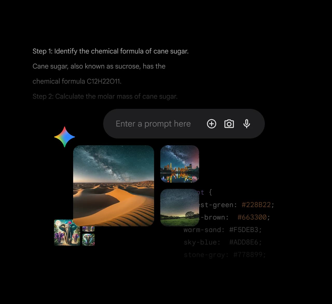 Google Gemini prompt bar interface showing multimodal input with image examples, code snippets, and color palette generation, as taken from Google