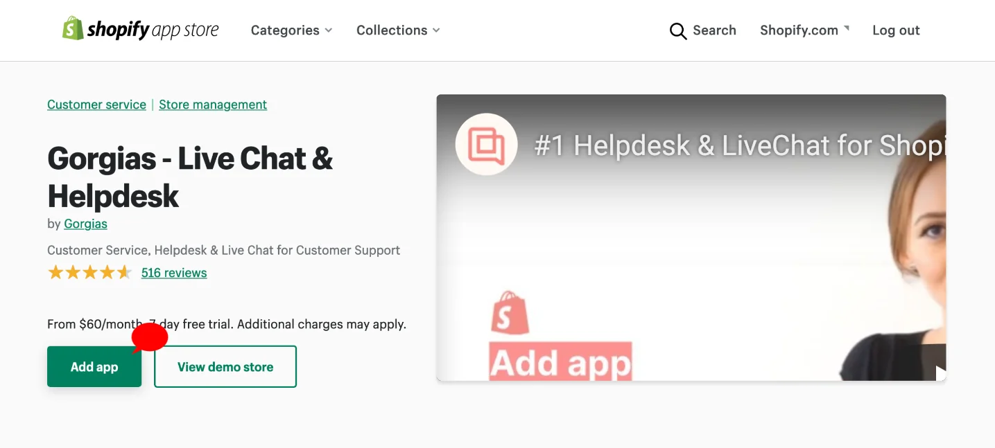 The Gorgias listing in the Shopify App Store with the Add app button, as taken from the Shopify App Store