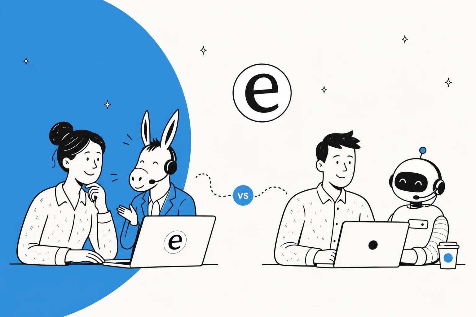 Illustration, die ein ausgelagertes Callcenter einem internen KI-Support-Setup gegenüberstellt