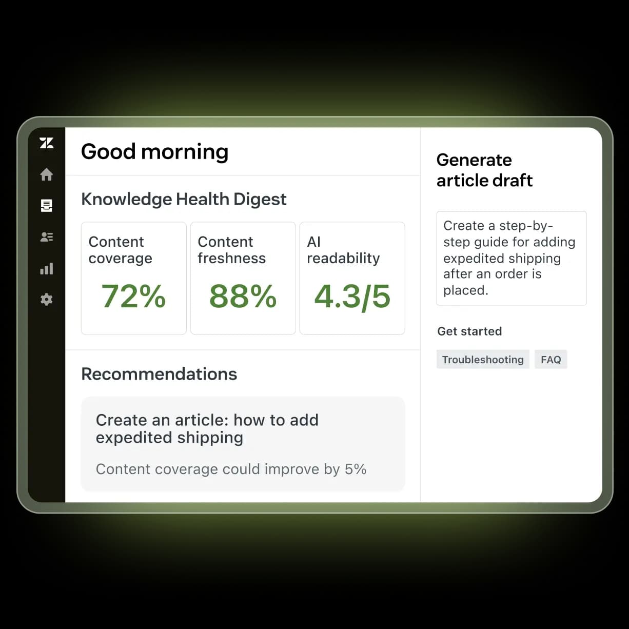 Zendesk's Knowledge Health dashboard showing content coverage, freshness, and AI readability scores, as taken from Zendesk