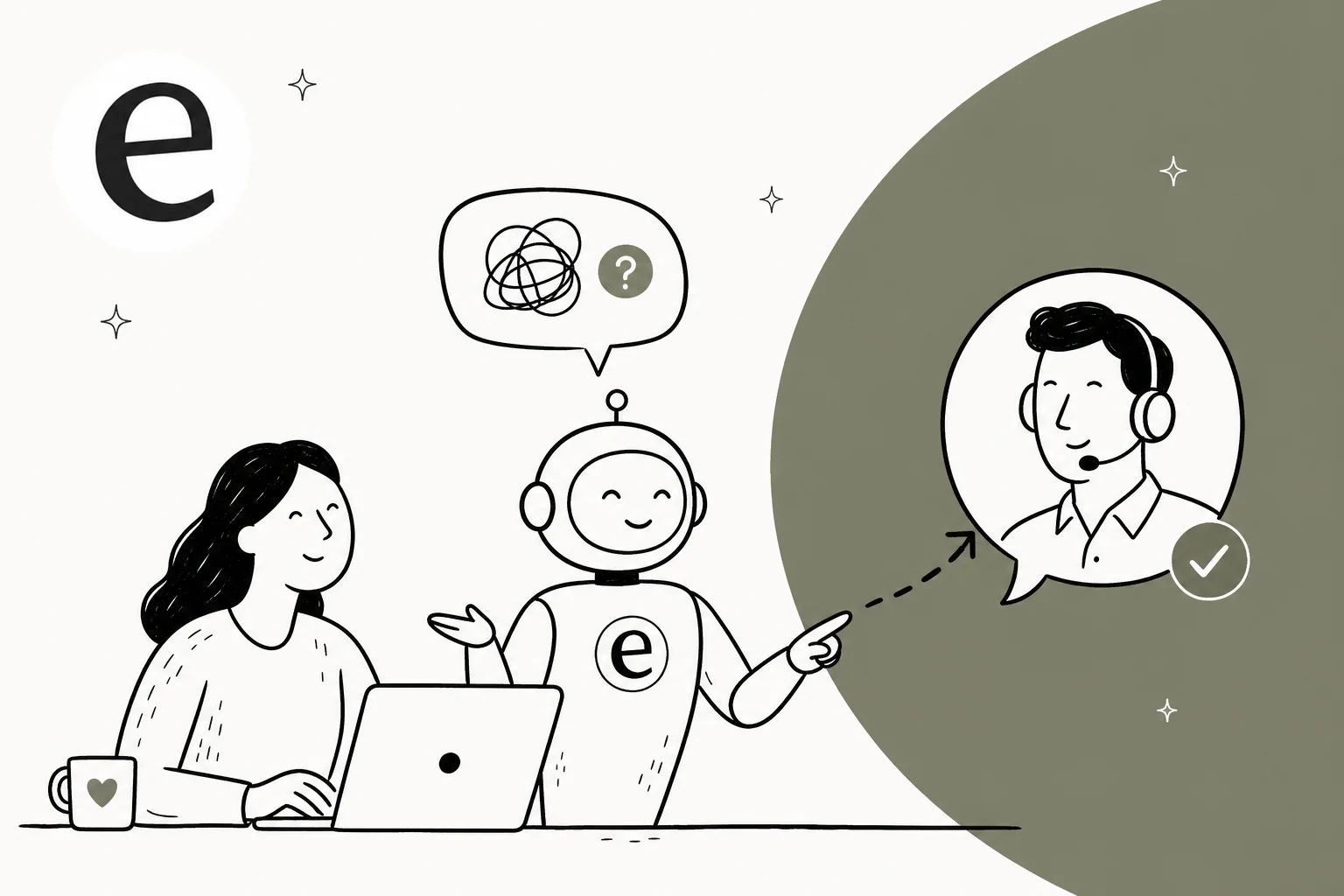 Hand-drawn editorial illustration showing an AI chat conversation handing off cleanly to a human agent