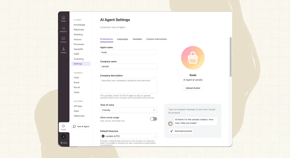 Ada's AI Agent Settings screen, where you set the bot's name, tone of voice, and persona, as taken from Ada.