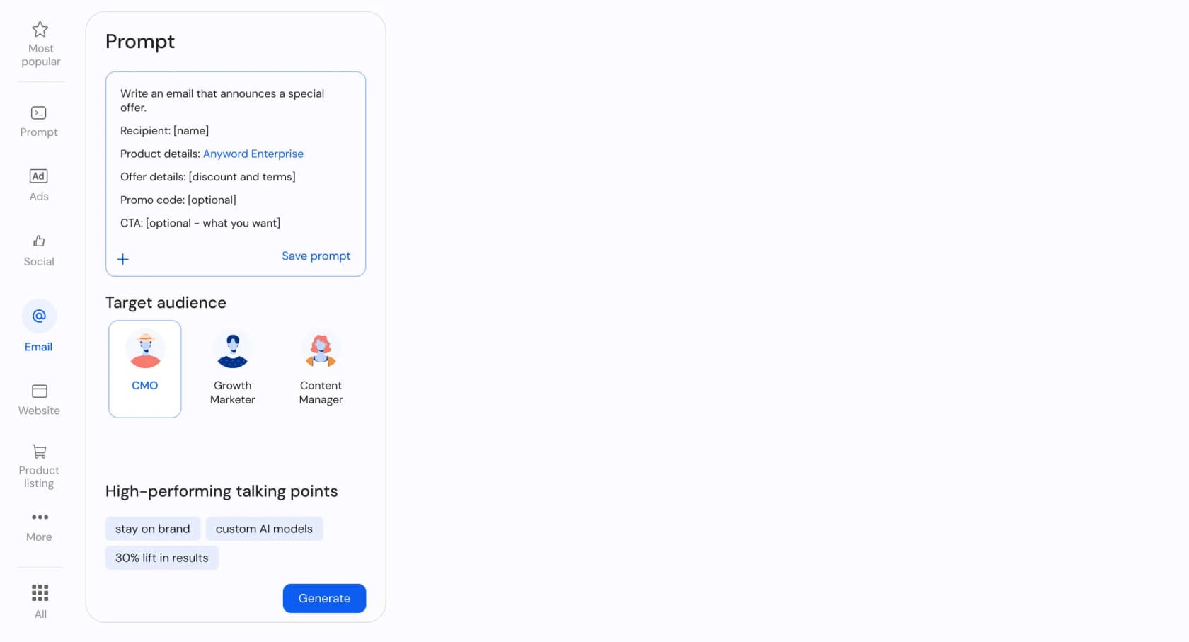 The Anyword editor with channel templates on the left, a target-audience selector, and high-performing talking points