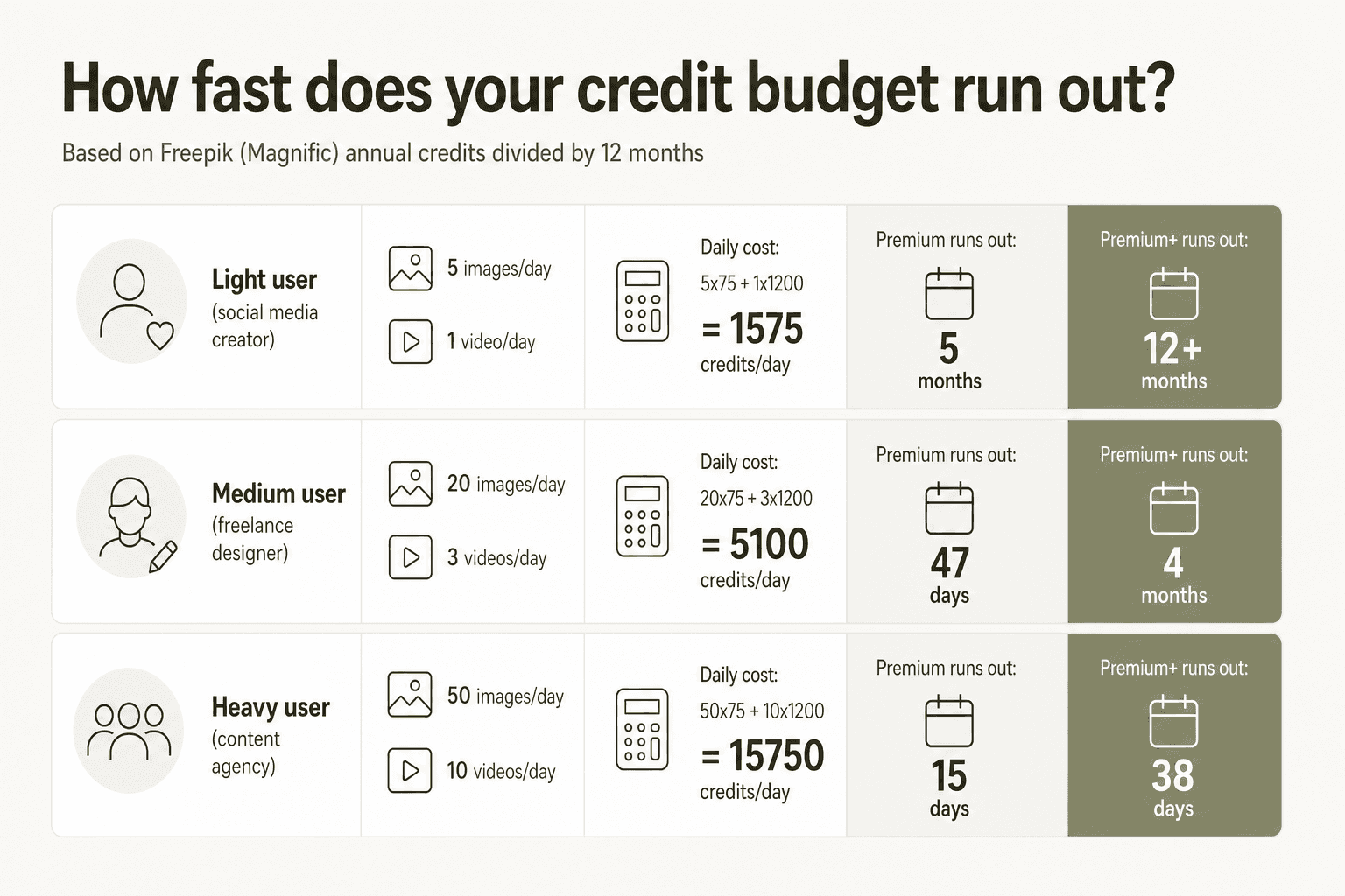 Credit drain speed by usage type - Premium vs Premium+ across light, medium, and heavy use