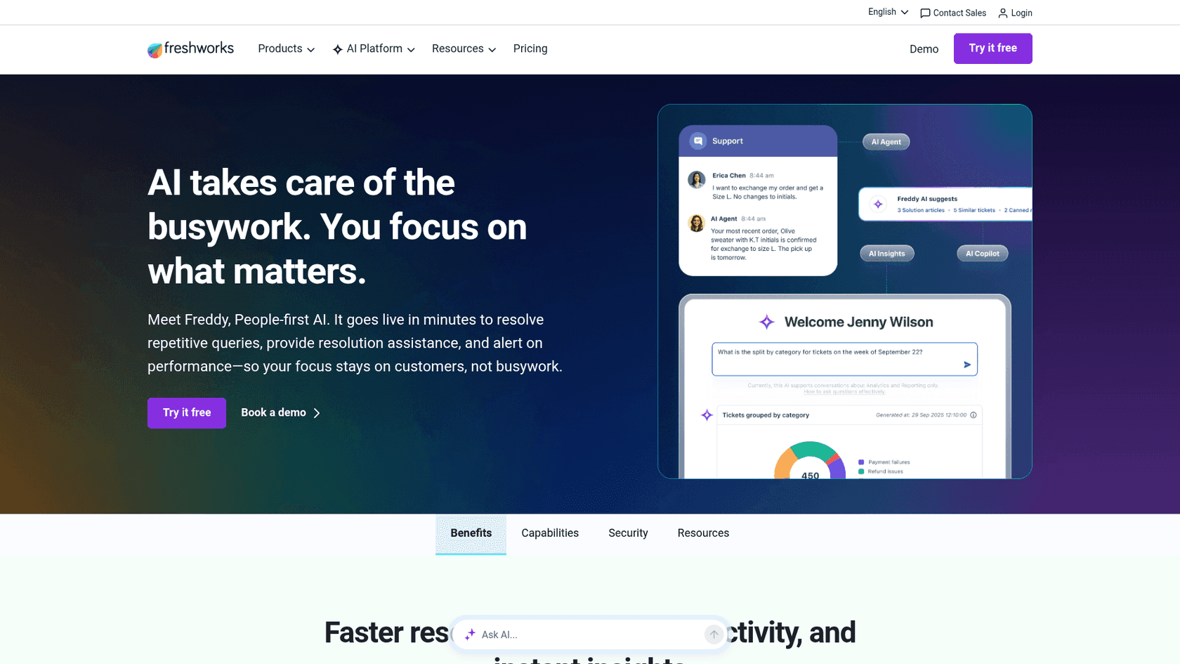 The Freshdesk Freddy AI automation page from Freshworks