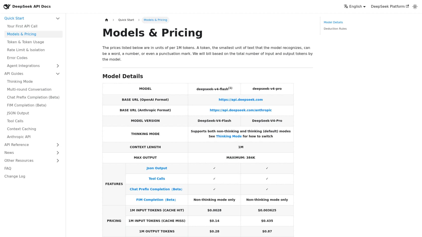 DeepSeek's Models and Pricing page showing the deepseek-v4-flash and deepseek-v4-pro columns with per-million-token rates, as published on DeepSeek's API docs