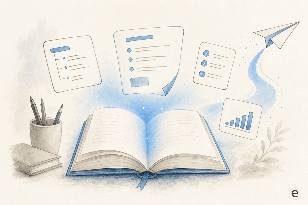 A painterly editorial illustration of an open notebook with floating outline and SEO icons, signalling a search for the right blog writer beyond Writesonic.