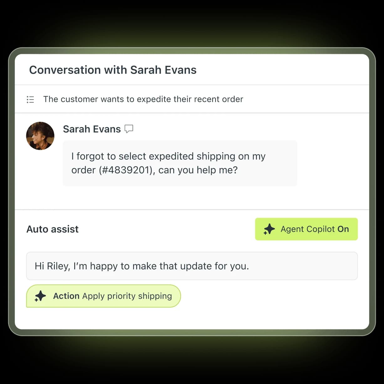 The Zendesk Copilot interface showing Auto Assist on, a suggested reply for review, and an Apply priority shipping action, as taken from Zendesk