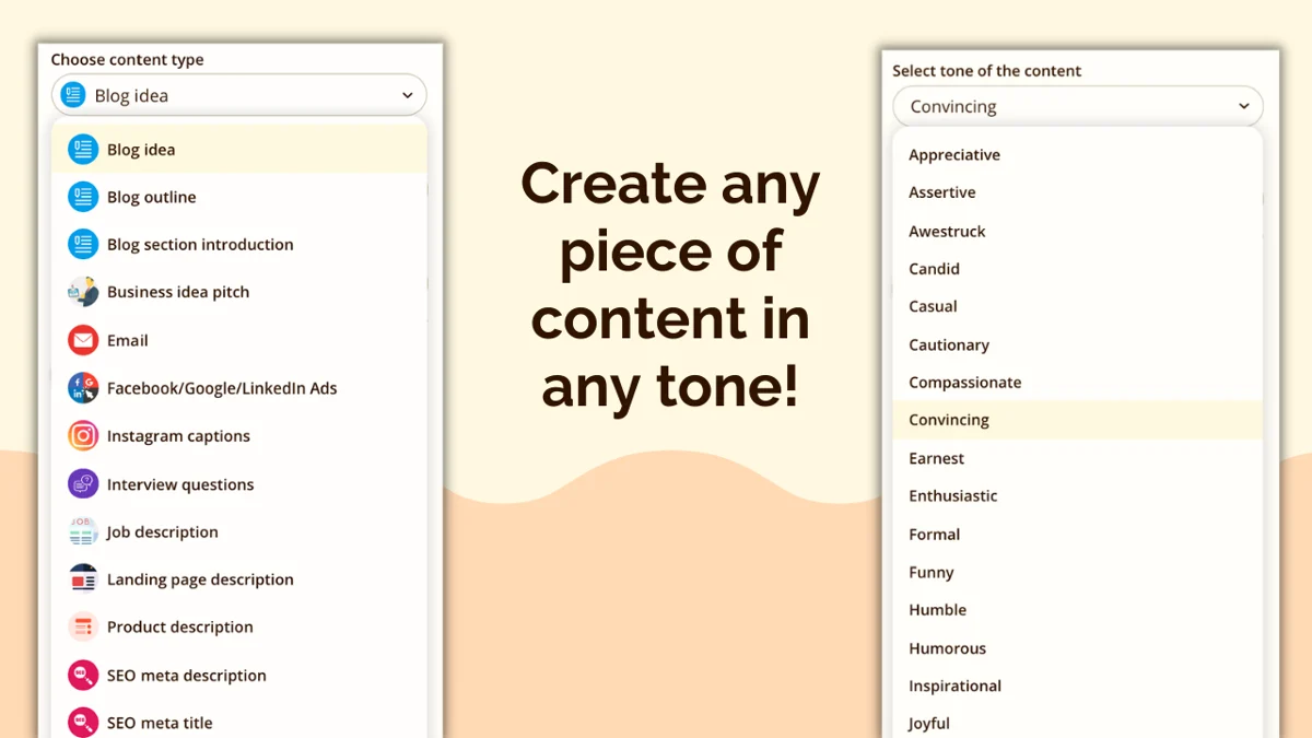 Rytr's content-type and tone selectors, showing options like blog idea, email, and SEO meta, as taken from G2