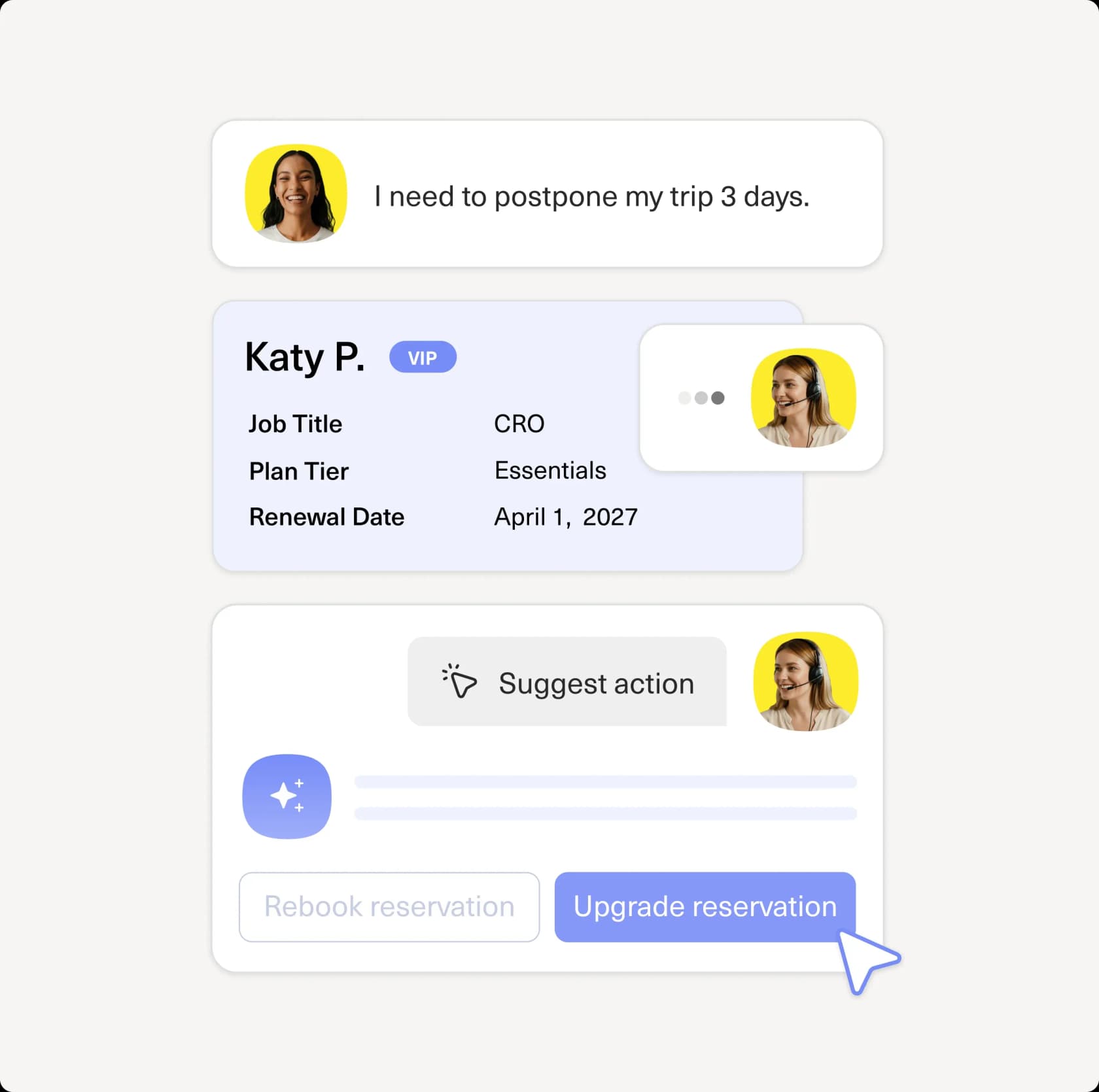 A Kustomer agent view with a VIP customer profile card and an AI suggested-action panel