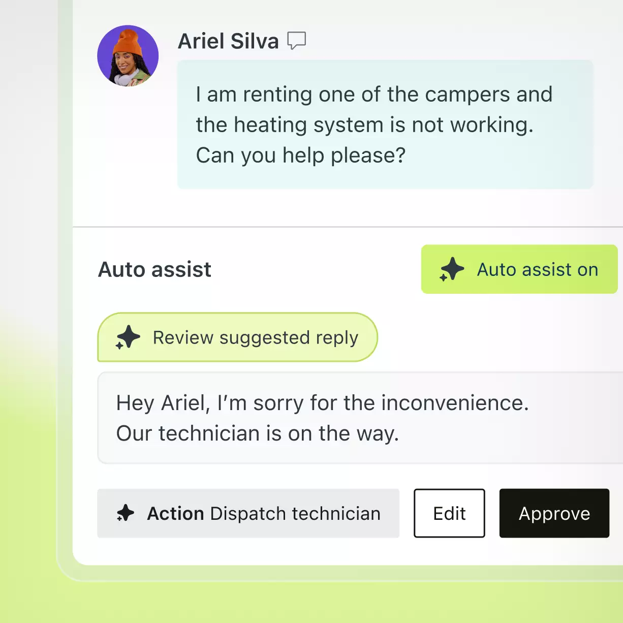 Zendesk Copilot Auto Assist showing a "Review suggested reply" and an "Action Dispatch technician" button on a customer ticket, as taken from Zendesk