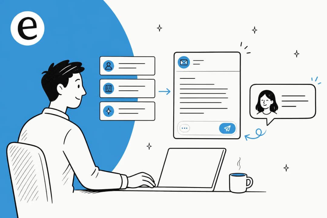 Ilustración de una persona introduciendo pocas entradas en un compositor de emails IA que genera un email en frío personalizado, con una burbuja de respuesta del prospecto apareciendo al lado