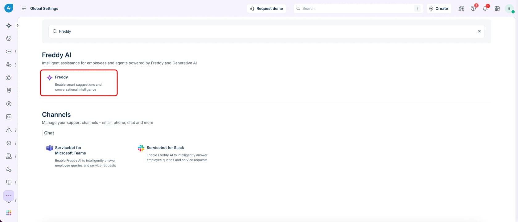 Freshservice Global Settings screen with a search for Freddy showing the Freddy AI card and Servicebot options for Microsoft Teams and Slack, as documented in Freshservice support