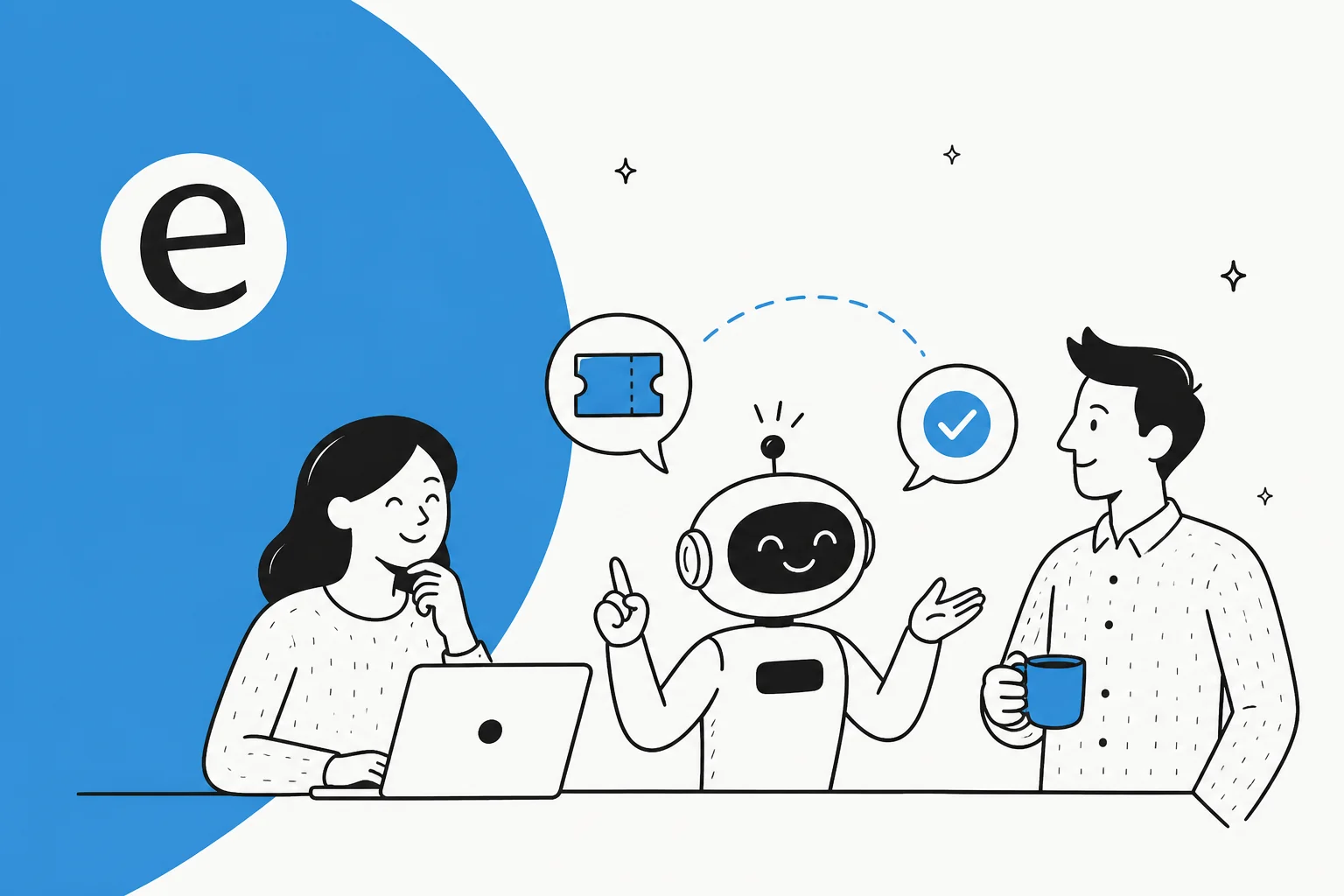 Illustration of a person, an AI assistant, and a support agent collaborating to clear a support queue