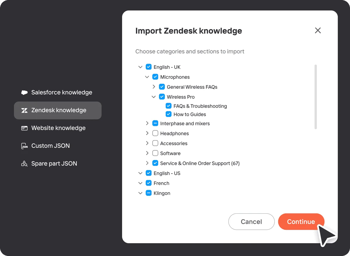 Mavenoid's import screen for syncing Zendesk knowledge categories and sections, as taken from Mavenoid