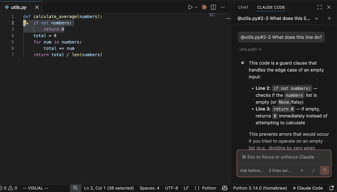 Selecting lines 2-3 in utils.py inserts an @utils.py#2-3 reference into the Claude Code prompt