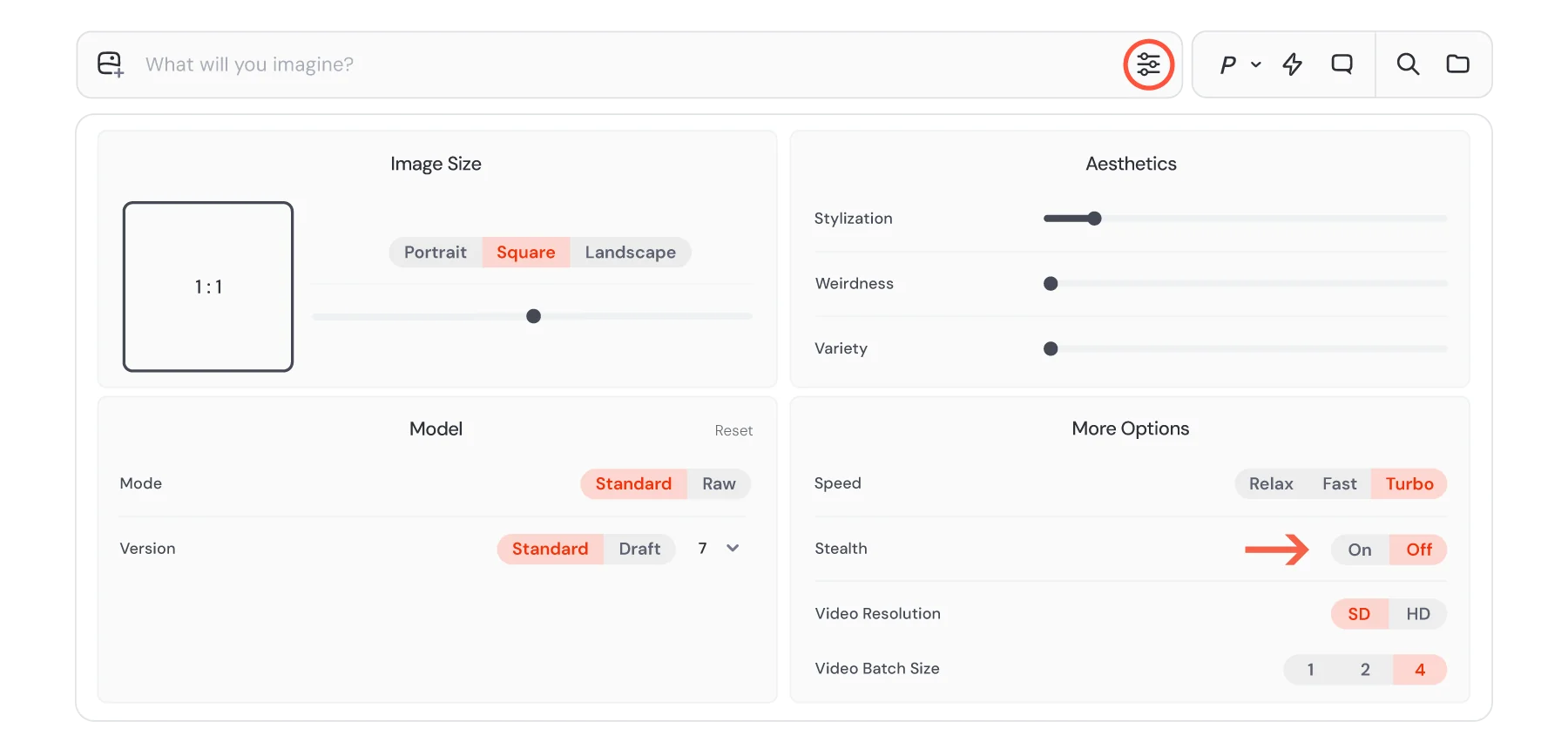 Midjourney settings panel with Stealth toggle - Pro and Mega plan only, as taken from Midjourney