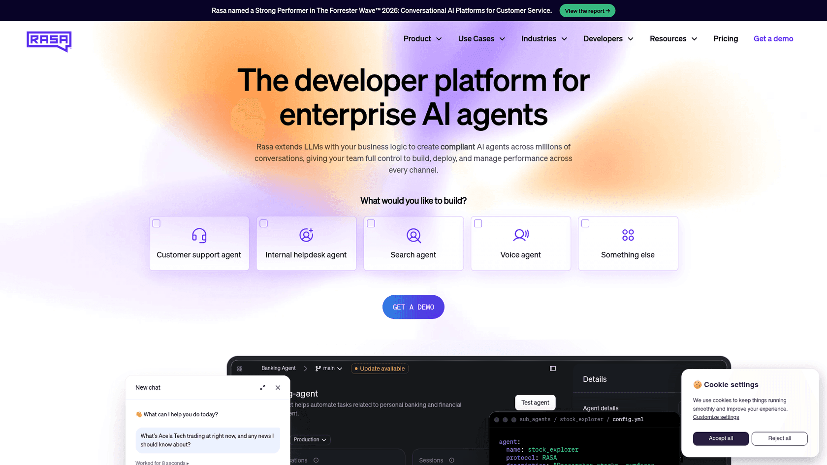 A screenshot of the Rasa landing page, highlighting its features for building conversational AI.