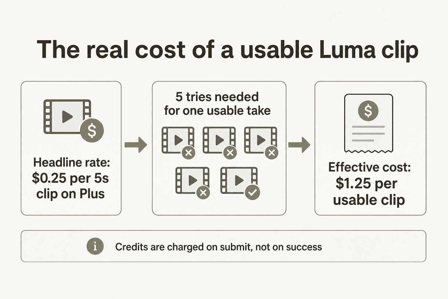 The real cost of a usable Luma clip: headline rate vs effective rate after multiple regenerations