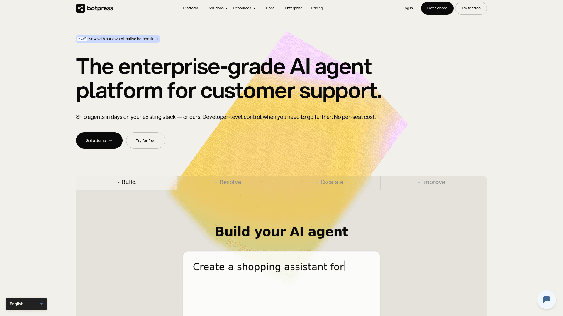 Botpress homepage presenting its enterprise AI agent platform
