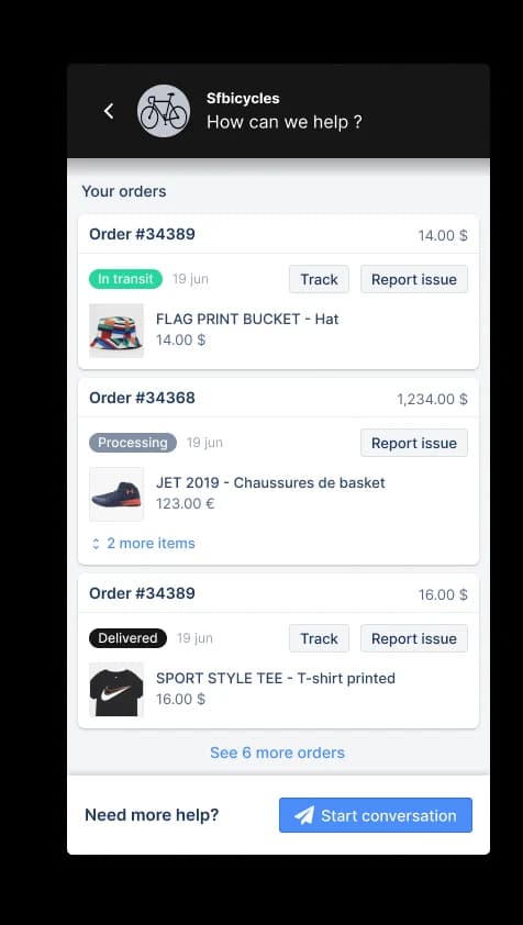 The Gorgias Order Management portal showing a customer's orders with In transit, Processing, and Delivered status badges, as taken from Gorgias