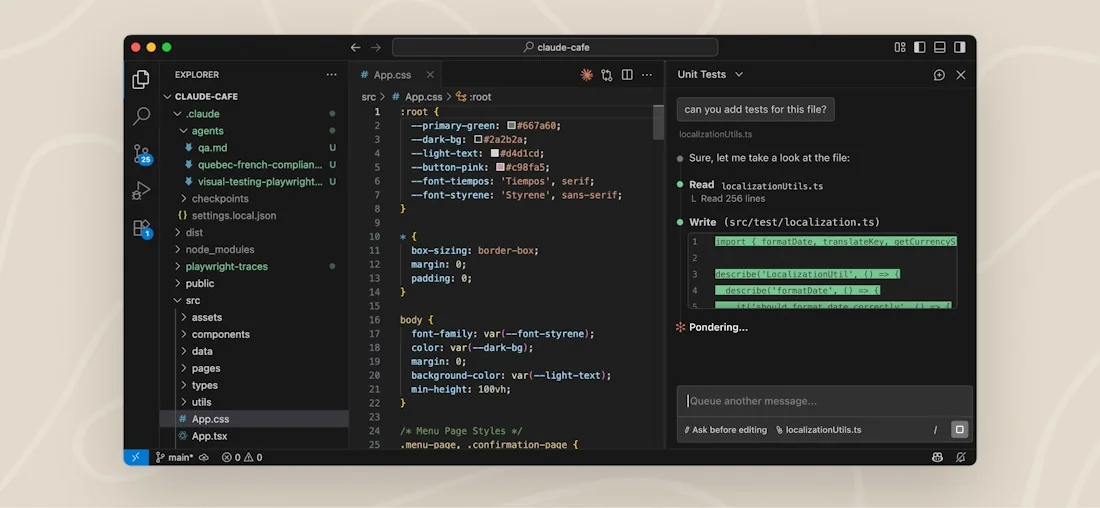 VS Code editor with the Claude Code extension panel open on the right side, showing a conversation with file diffs visible