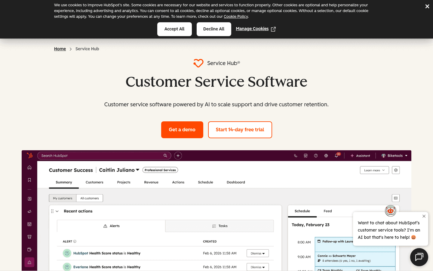HubSpot Service Hub showing their AI-powered customer service platform, as taken from HubSpot