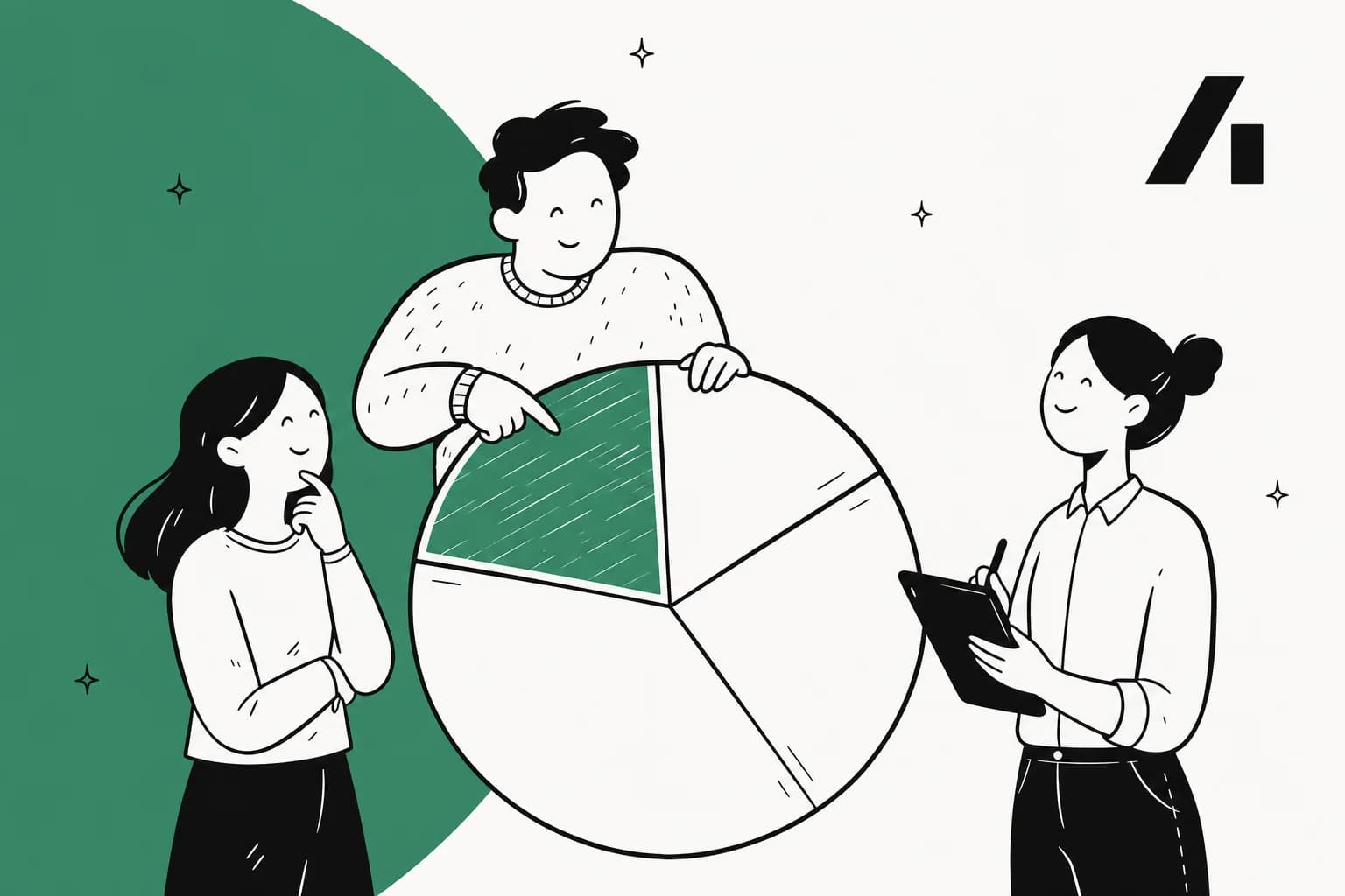 Editorial illustration of three marketers studying a pricing pie chart for Arcads AI