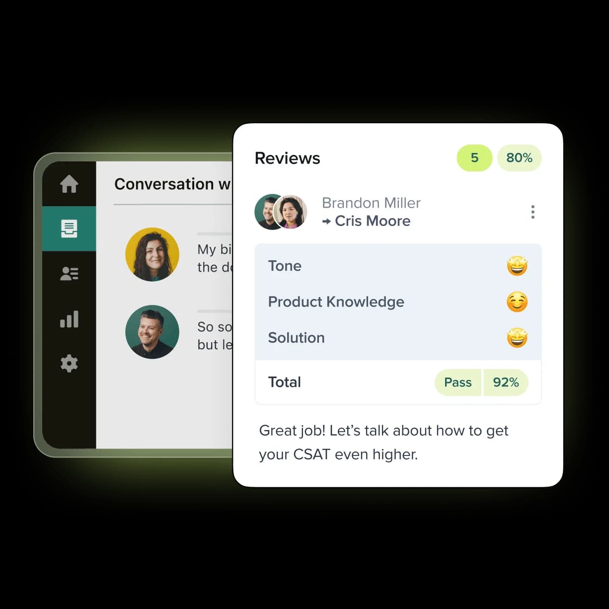 Zendesk AutoQA rating a customer conversation with scores for tone, product knowledge, and solution, landing a 92% pass, as shown on Zendesk's Copilot page