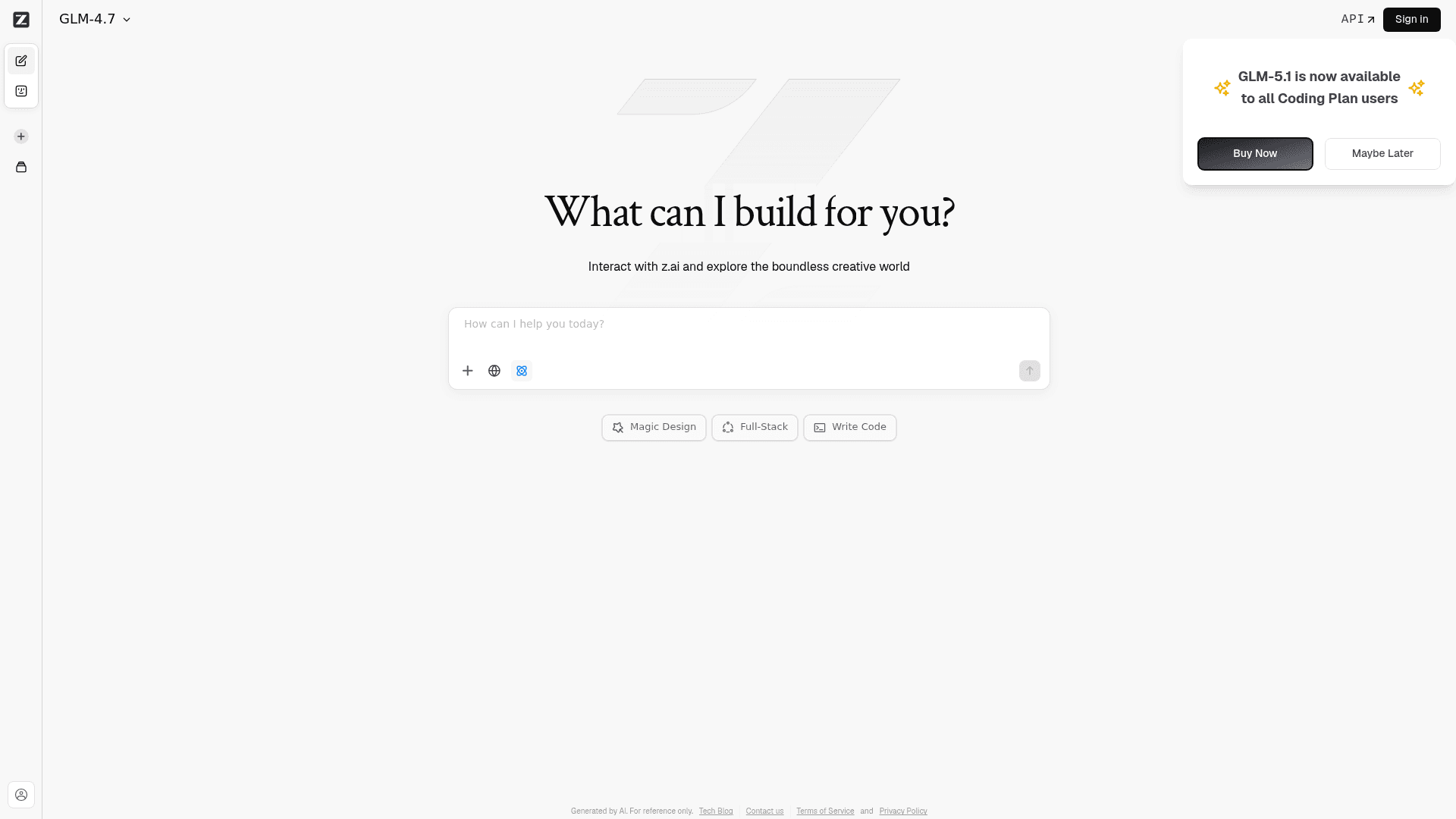 A screenshot of the Z.ai homepage from Zhipu AI, home of the GLM-4.7 model and one of the strongest open-source Kimi K2.5 alternatives, as taken from z.ai.