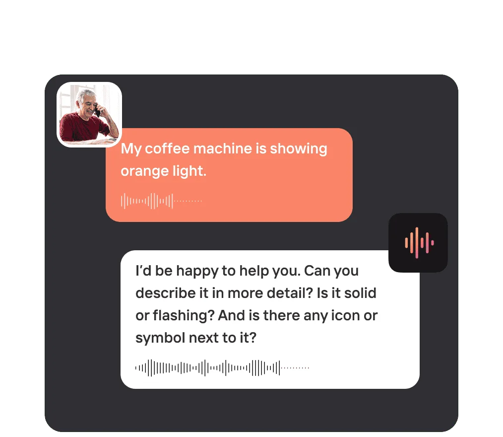 A Mavenoid voice support conversation where a customer reports a coffee machine showing an orange light, as taken from Mavenoid