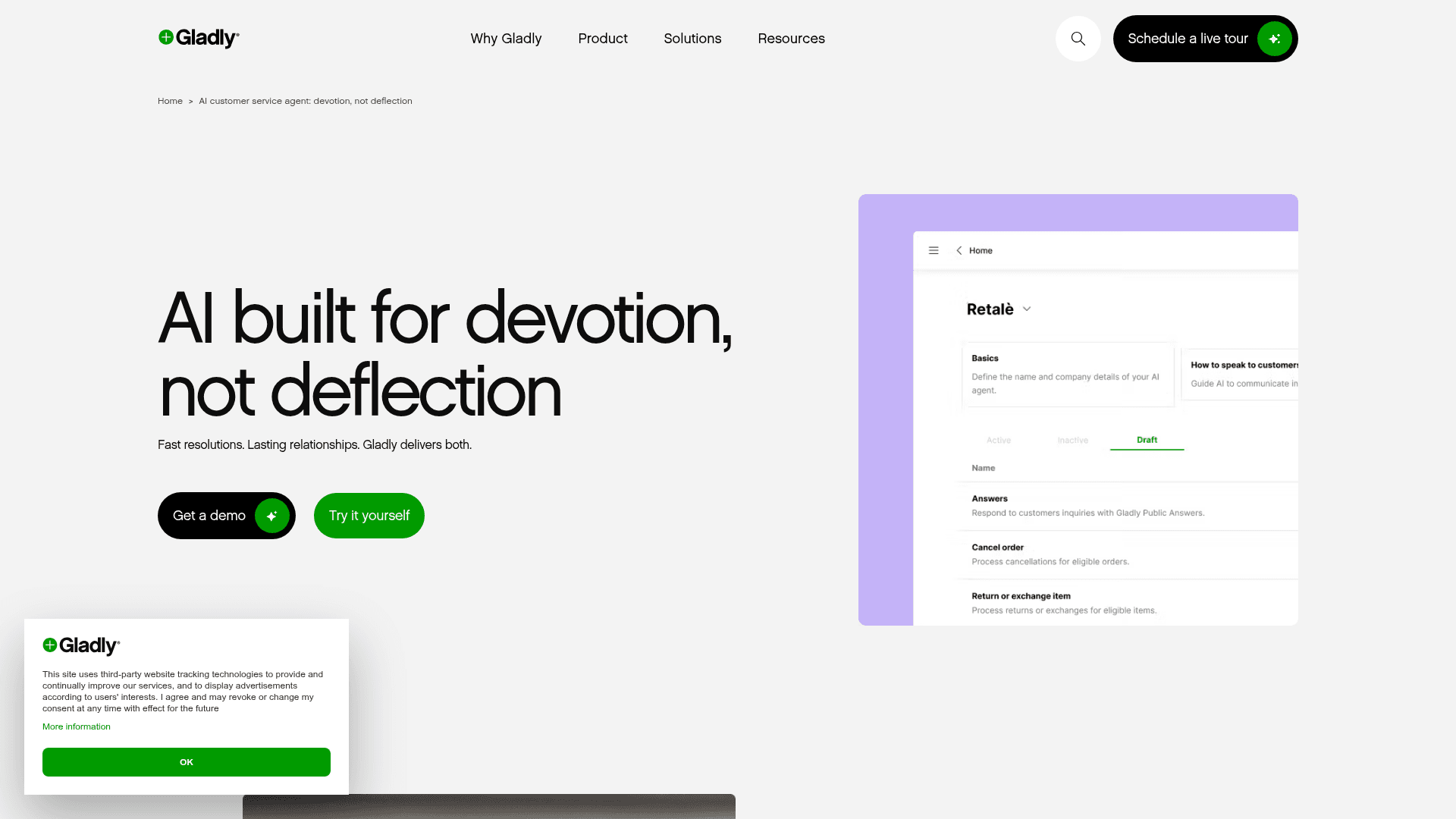 The Gladly AI customer service agent (Sidekick) product page