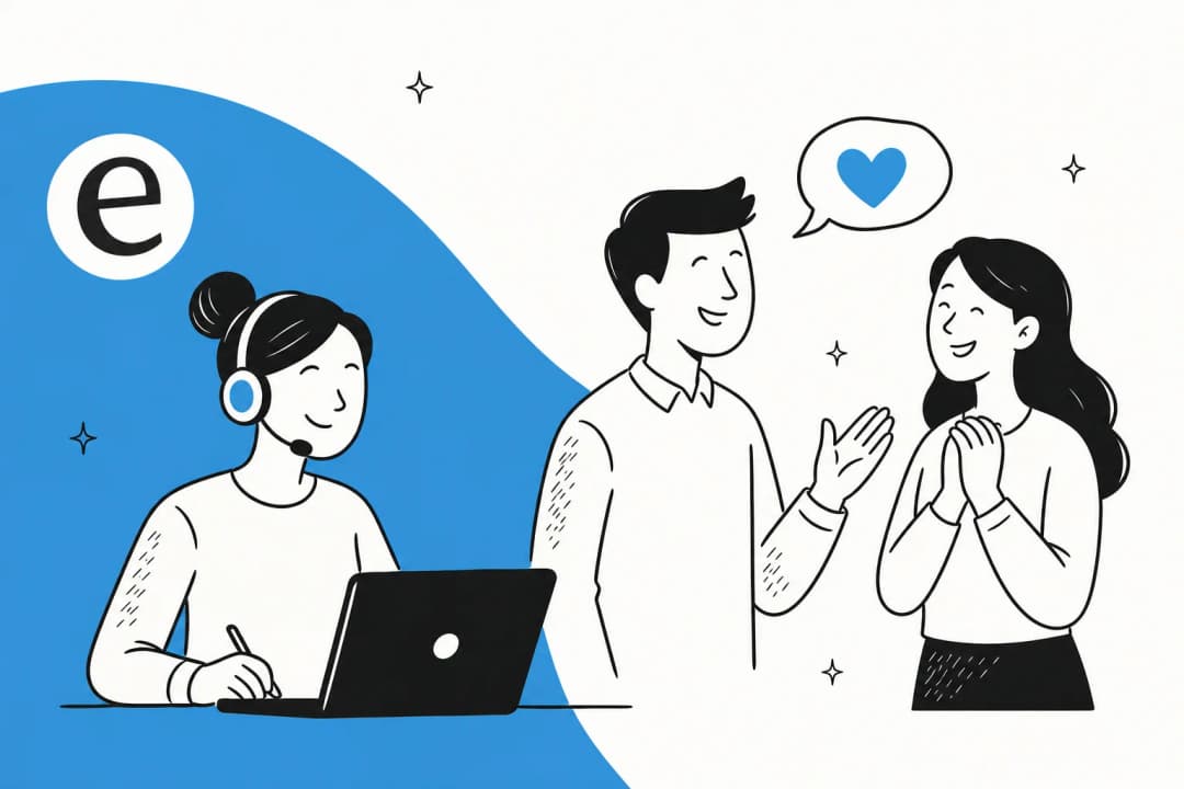Illustration of a support team helping happy customers, in eesel blue
