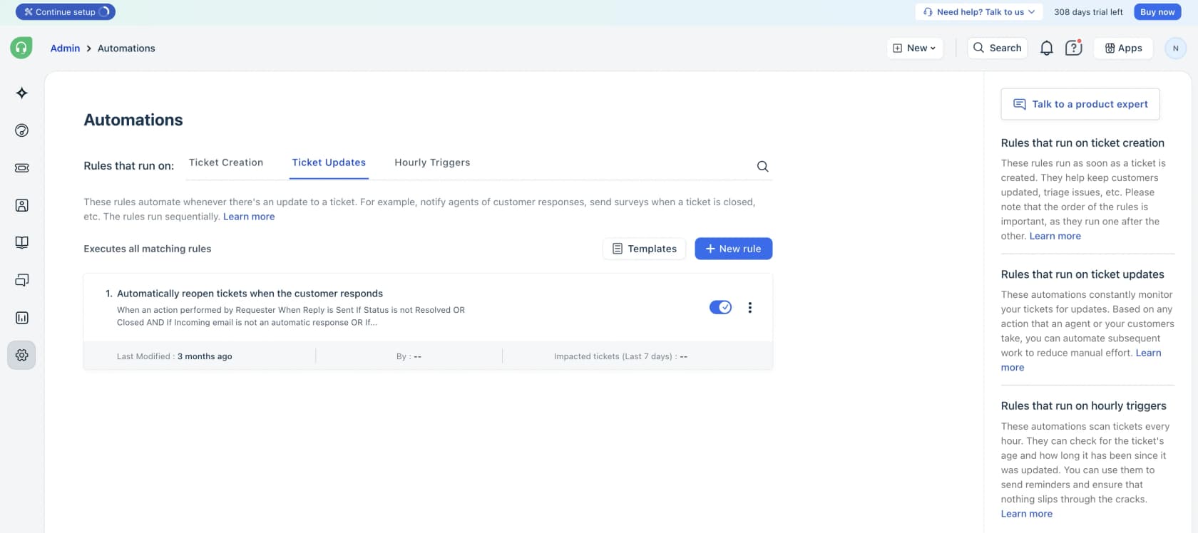 The Freshdesk Automations admin screen, showing the Ticket Creation, Ticket Updates, and Hourly Triggers tabs, as documented in Freshdesk's overview of automation rules