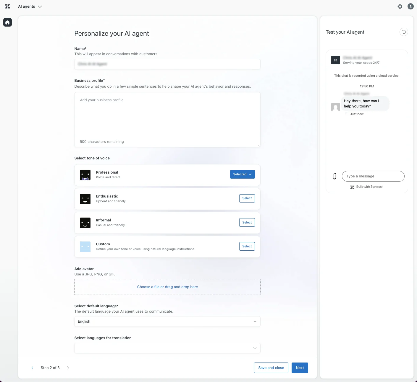 The 'Personalize your AI agent' step in Zendesk's creation flow, with fields for name, business profile, tone of voice, avatar, and languages, as taken from Zendesk