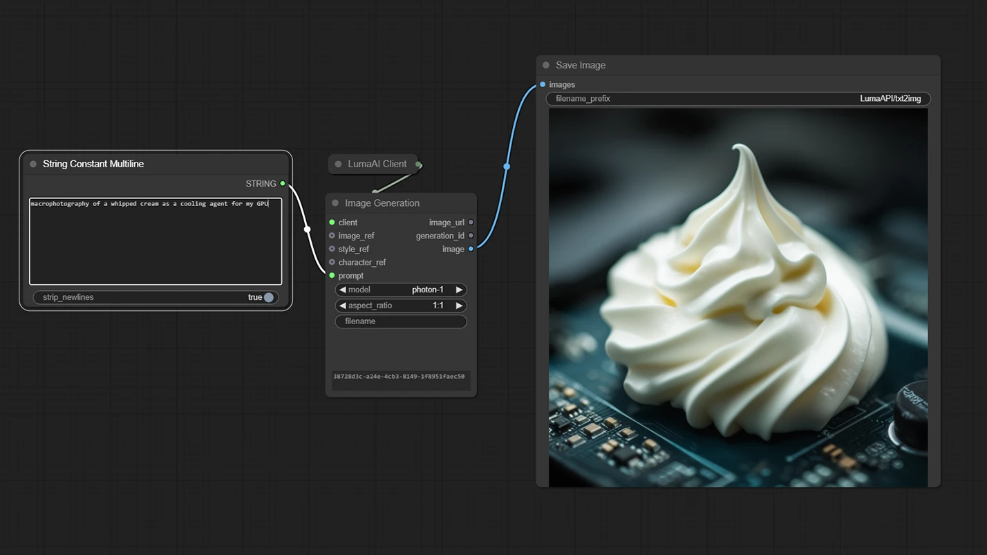 Luma API integrated in a ComfyUI node graph: a String Constant feeding the LumaAI Client and Image Generation node (model photon-1, 1:1 aspect) into Save Image, as taken from Luma
