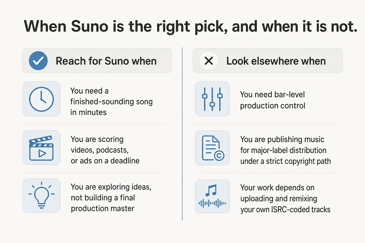When Suno is the right pick, and when it isn't - a one-glance decision matrix for buyers