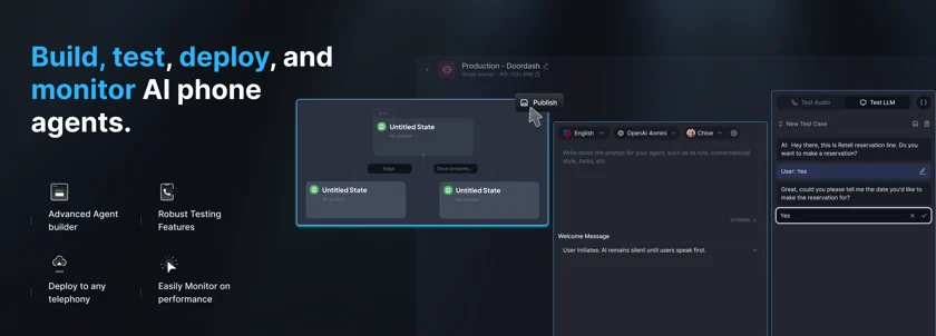 Retell AI's agent builder, prompt editor and test-case panel, as taken from Retell AI