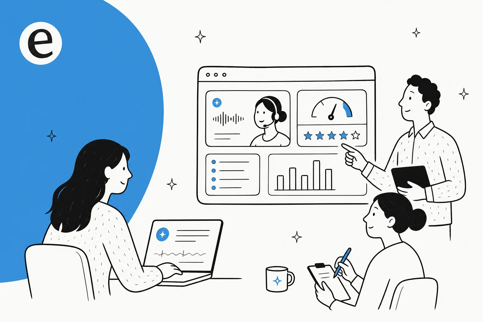 Illustration of AI scoring and auditing customer support conversations on a dashboard