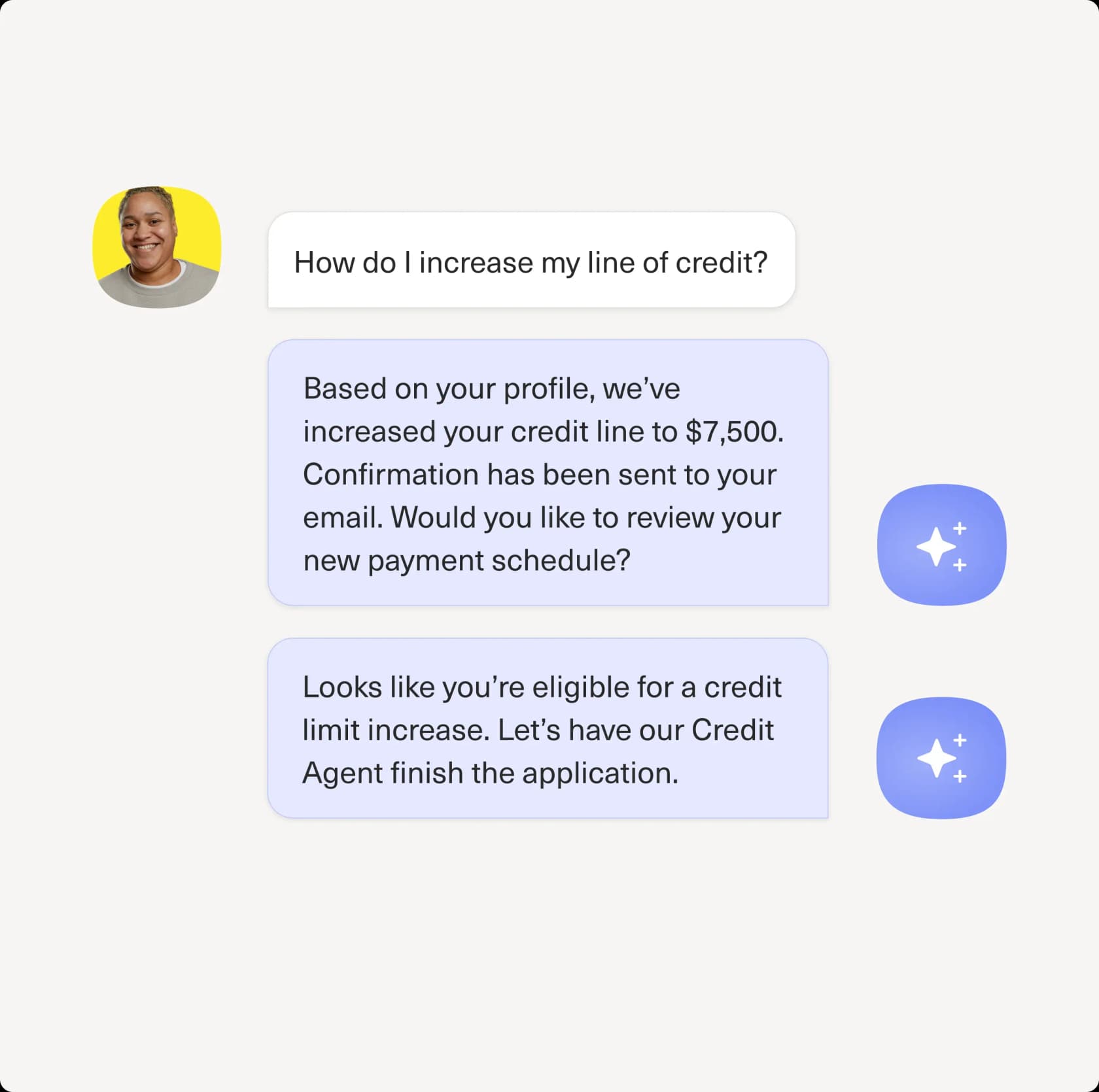 Kustomer Concierge AI resolving a credit limit request autonomously -- AI checks profile, raises limit to $7,500, confirms by email, and offers to review the payment schedule, as taken from Kustomer