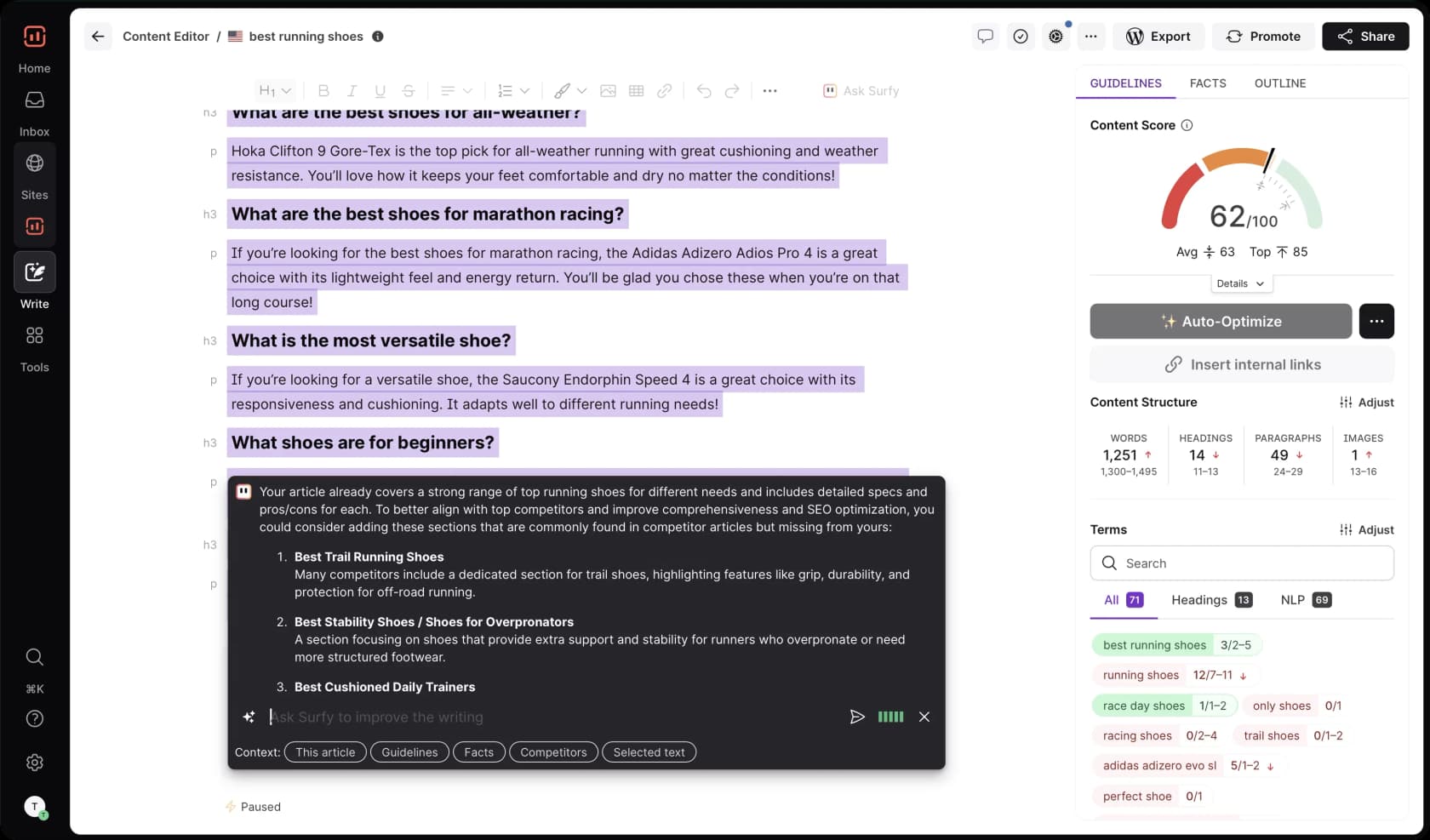 Surfer's Content Editor with a live Content Score gauge at 88/100 and term recommendations, as taken from Surfer