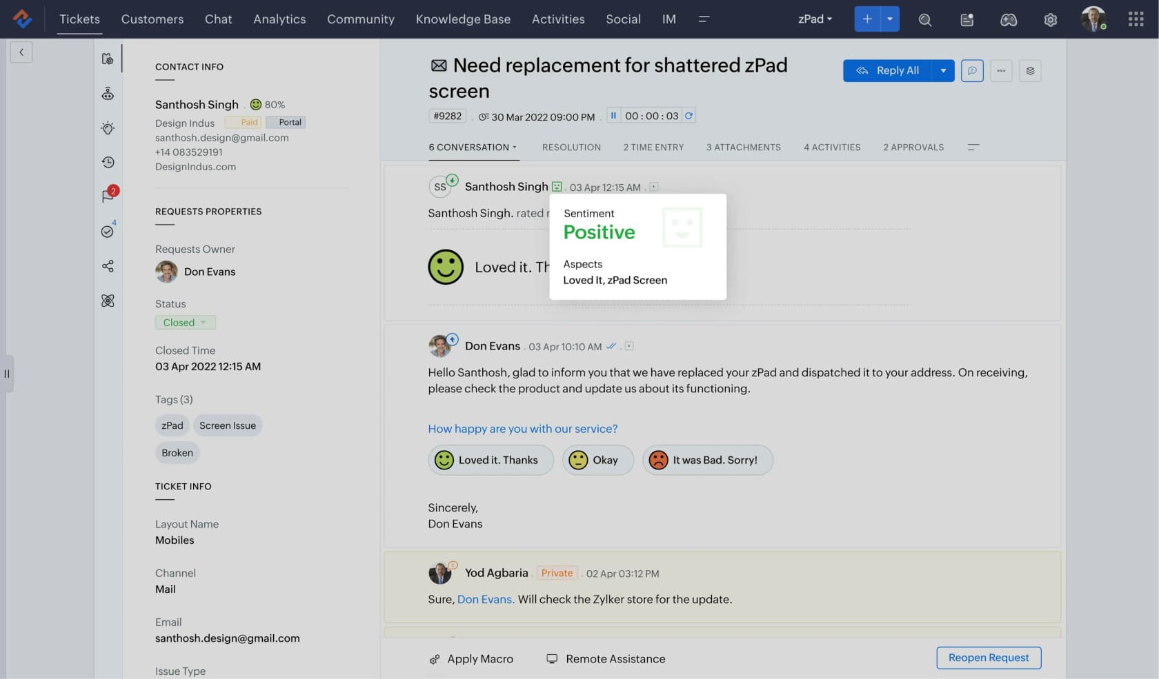 Zoho Desk ticket workspace with the Zia sentiment popup open over a customer conversation