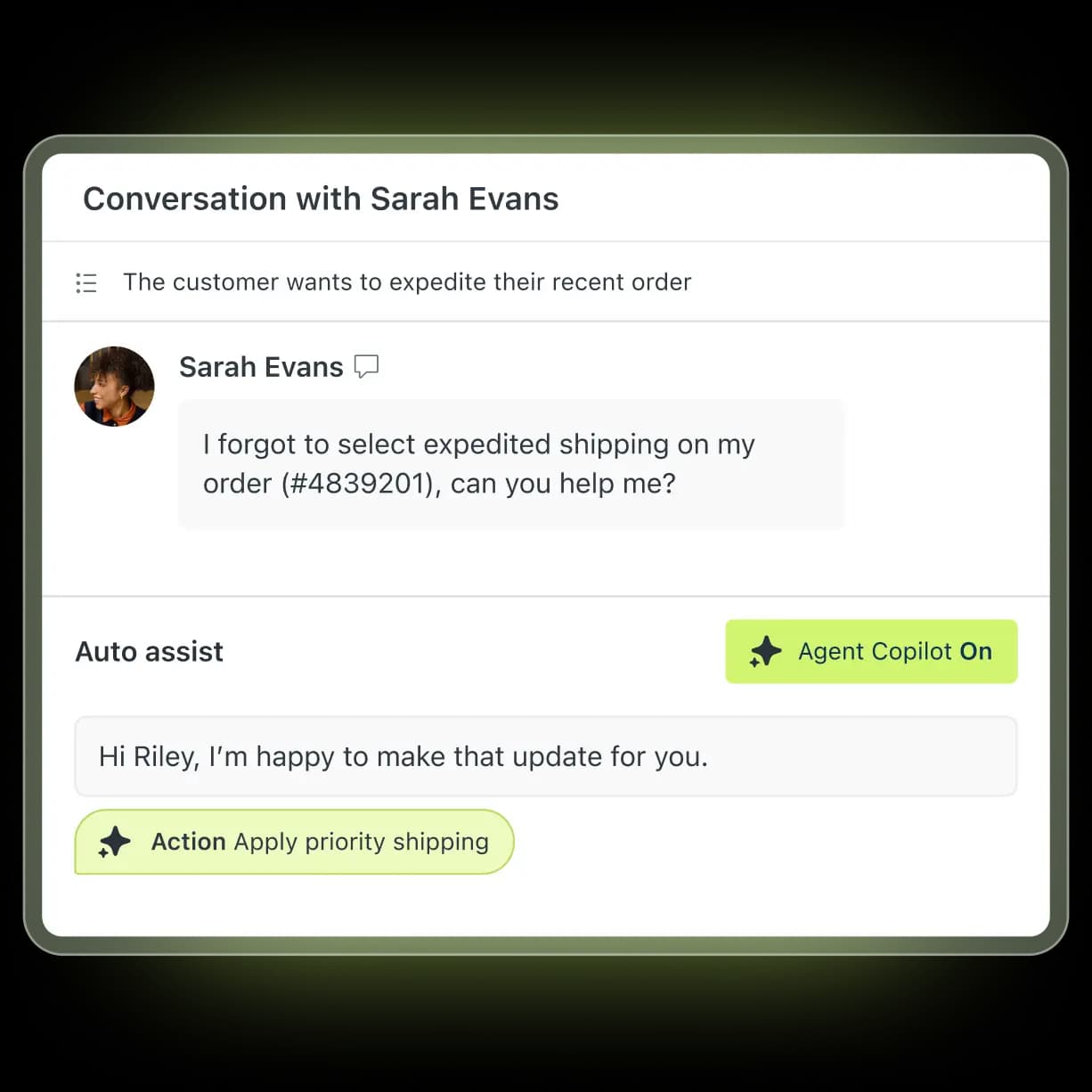 Zendesk Copilot's Auto Assist drafting a reply to a customer and proposing an "Apply priority shipping" action, as taken from Zendesk's Copilot page
